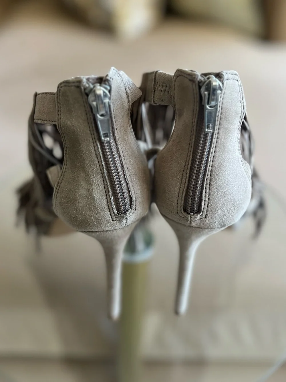 Steve Madden Fringly Taupe Suede Fringe Stiletto Heels Size 7.5